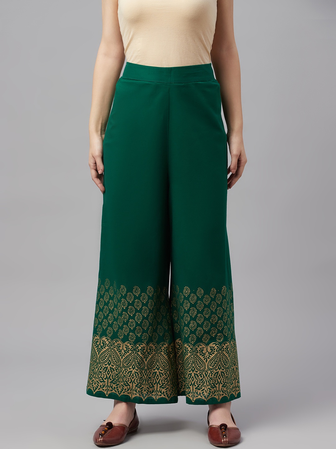 

MBE Women Green & Gold-Toned Pure Cotton Ethnic Motifs Print Ethnic Palazzos