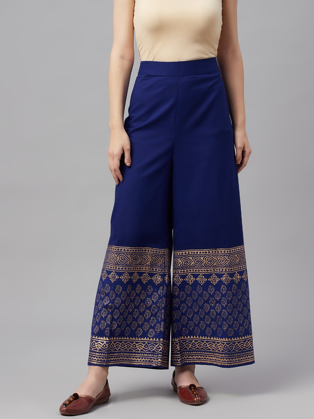 

MBE Women Blue & Gold-Toned Pure Cotton Ethnic Motifs Print Palazzos