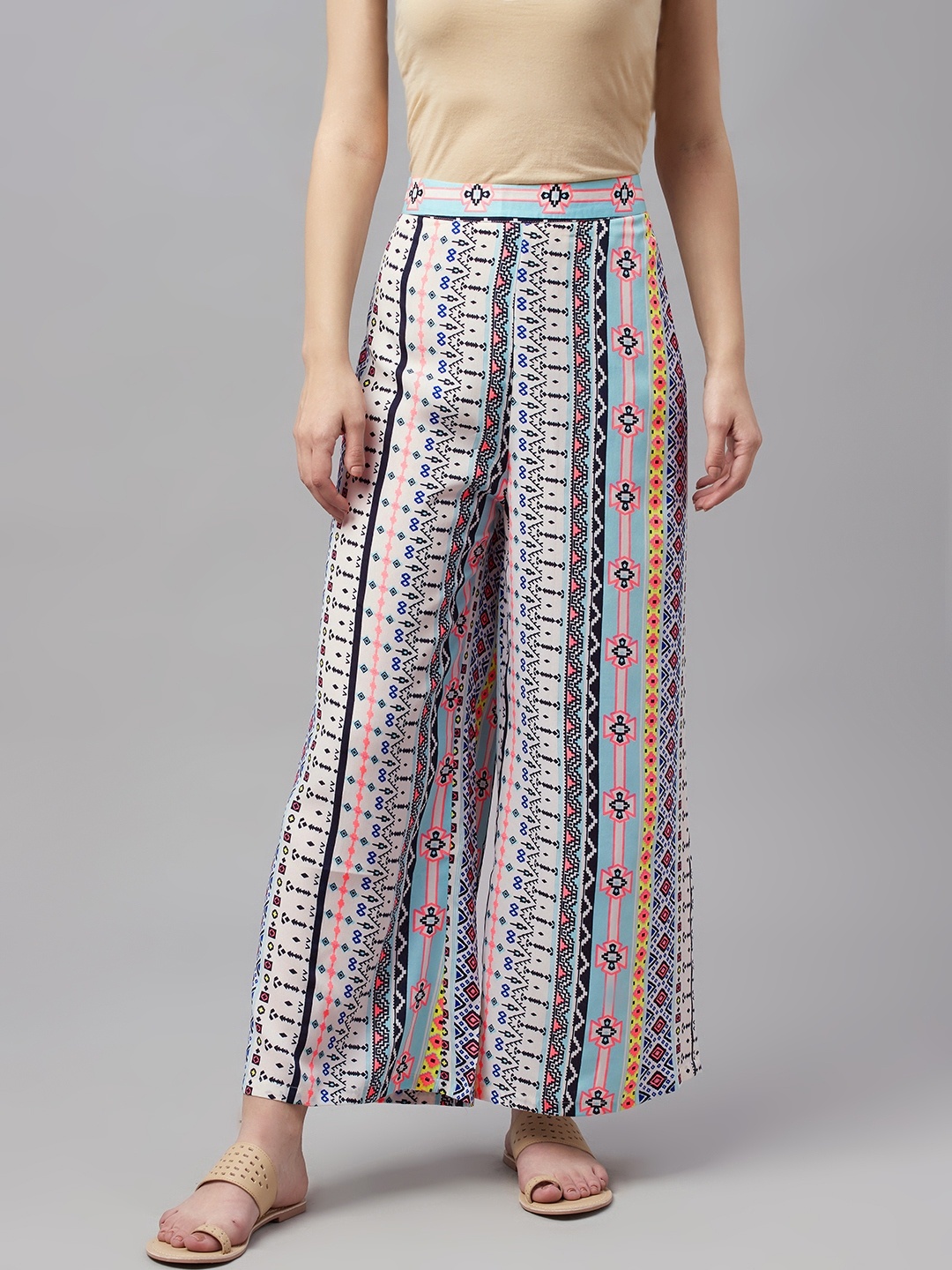 

MBE Women White & Pink Geometric Print Crepe Palazzos
