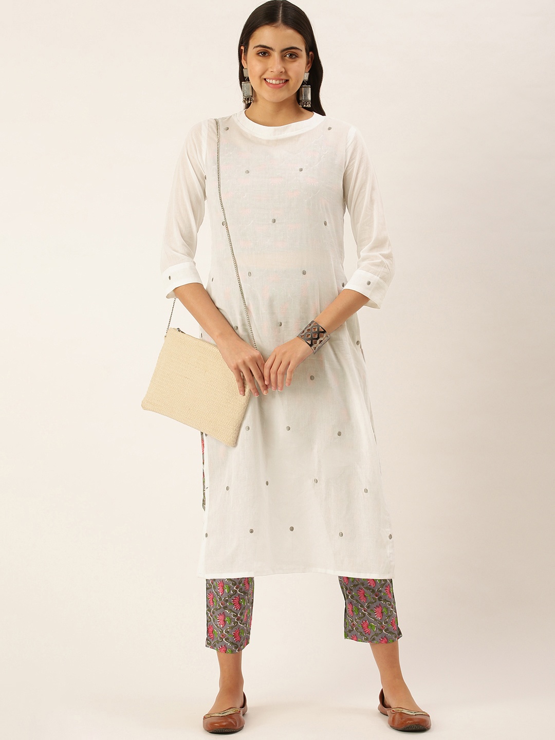 

Saanjh Women White Pure Cotton Kurta with Trousers