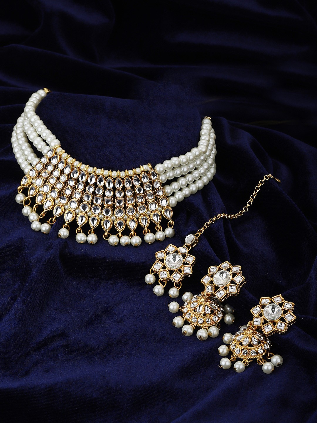 

KOLHA-BY CARLTON Off-White Gold-Plated Kundan Studded Beaded Jewellery Set