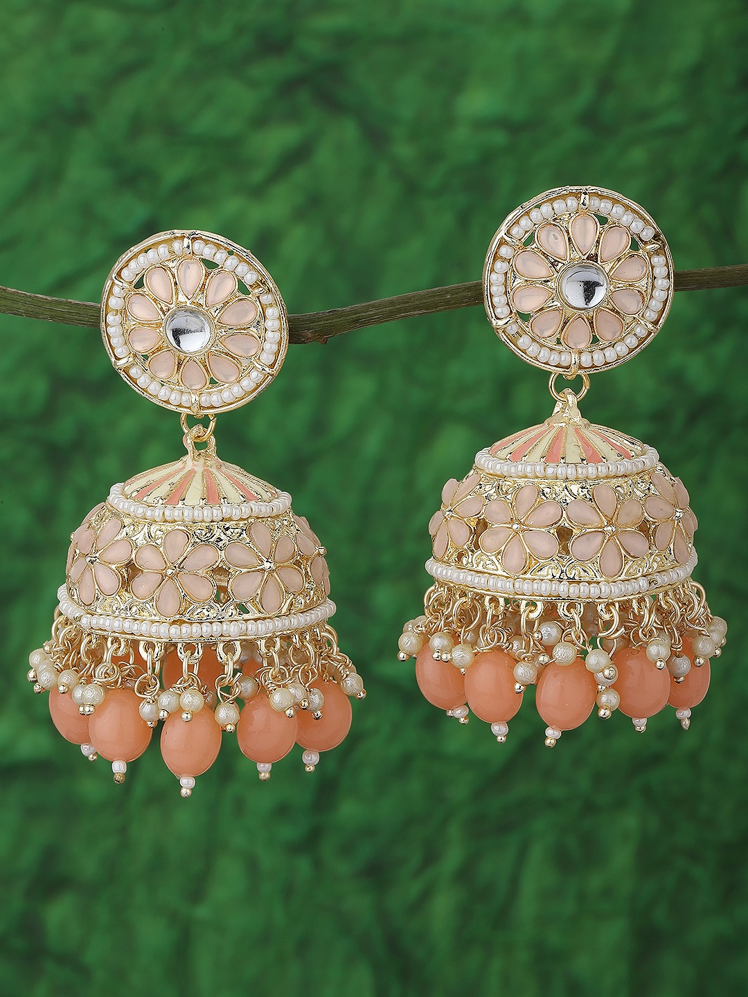 

KOLHA-BY CARLTON Peach-Coloured Gold-Plated Handcrafted Dome Shaped Jhumkas