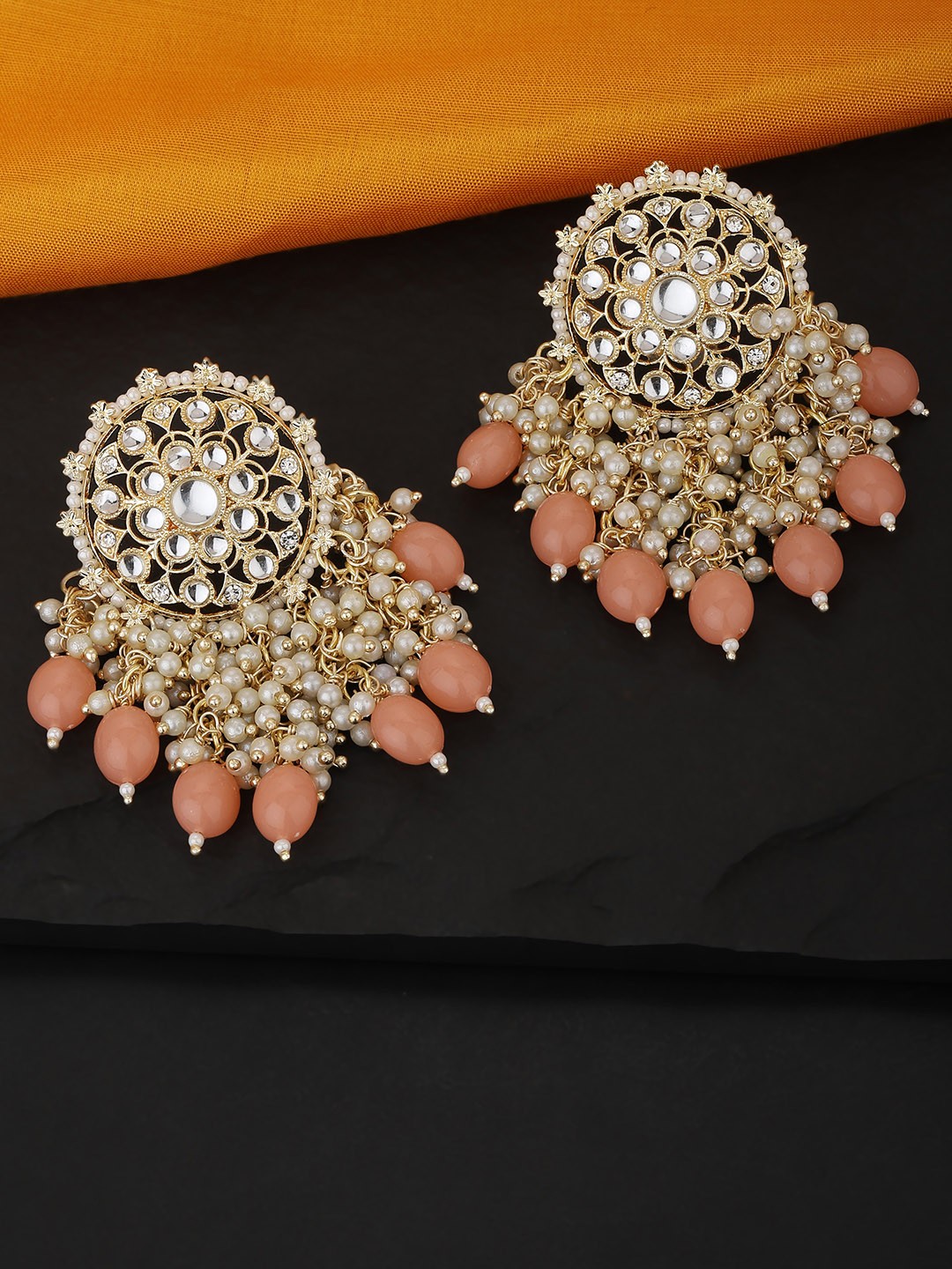 

KOLHA-BY CARLTON Peach-Coloured Gold-Plated Handcrafted Circular Drop Earrings