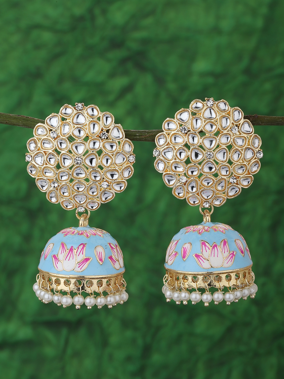 

KOLHA-BY CARLTON Turquoise Blue Gold-Plated Enamelled Stone-Studded Dome Shaped Jhumkas