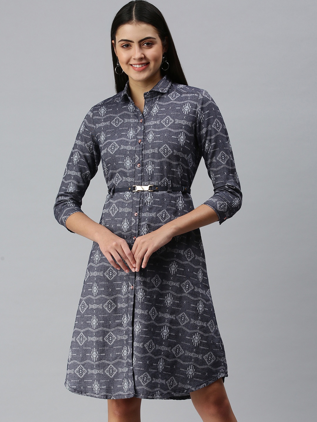 

ETIQUETTE Women Navy Blue & Grey Geometric Print Shirt Style A-Line Midi Dress