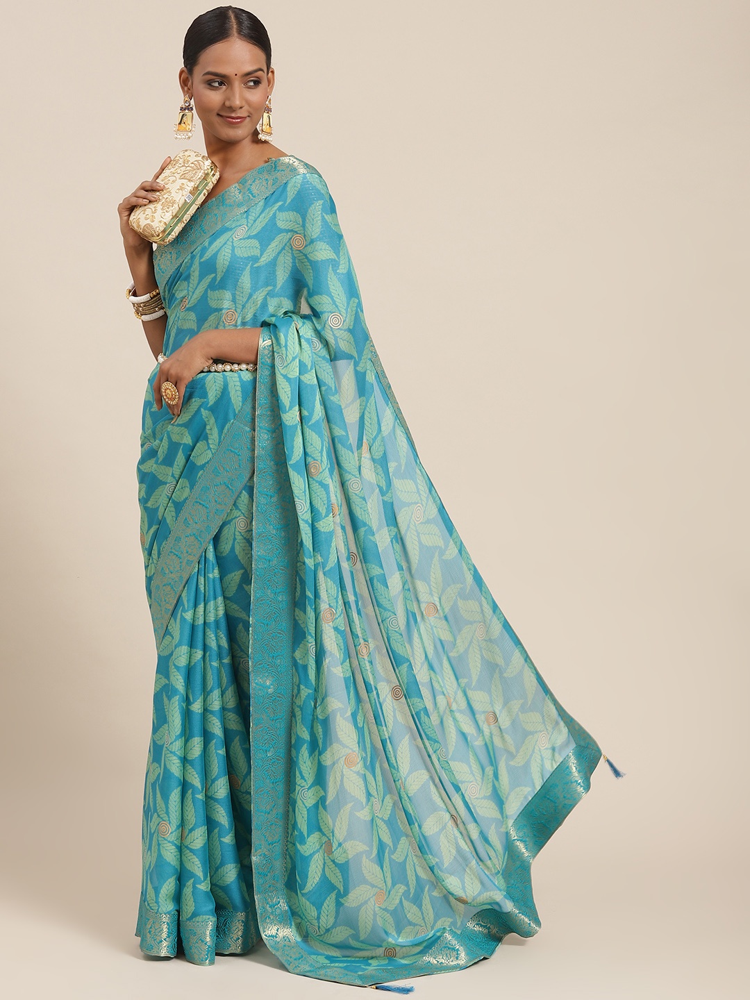 

Satrani Turquoise Blue Floral Printed Chiffon Saree