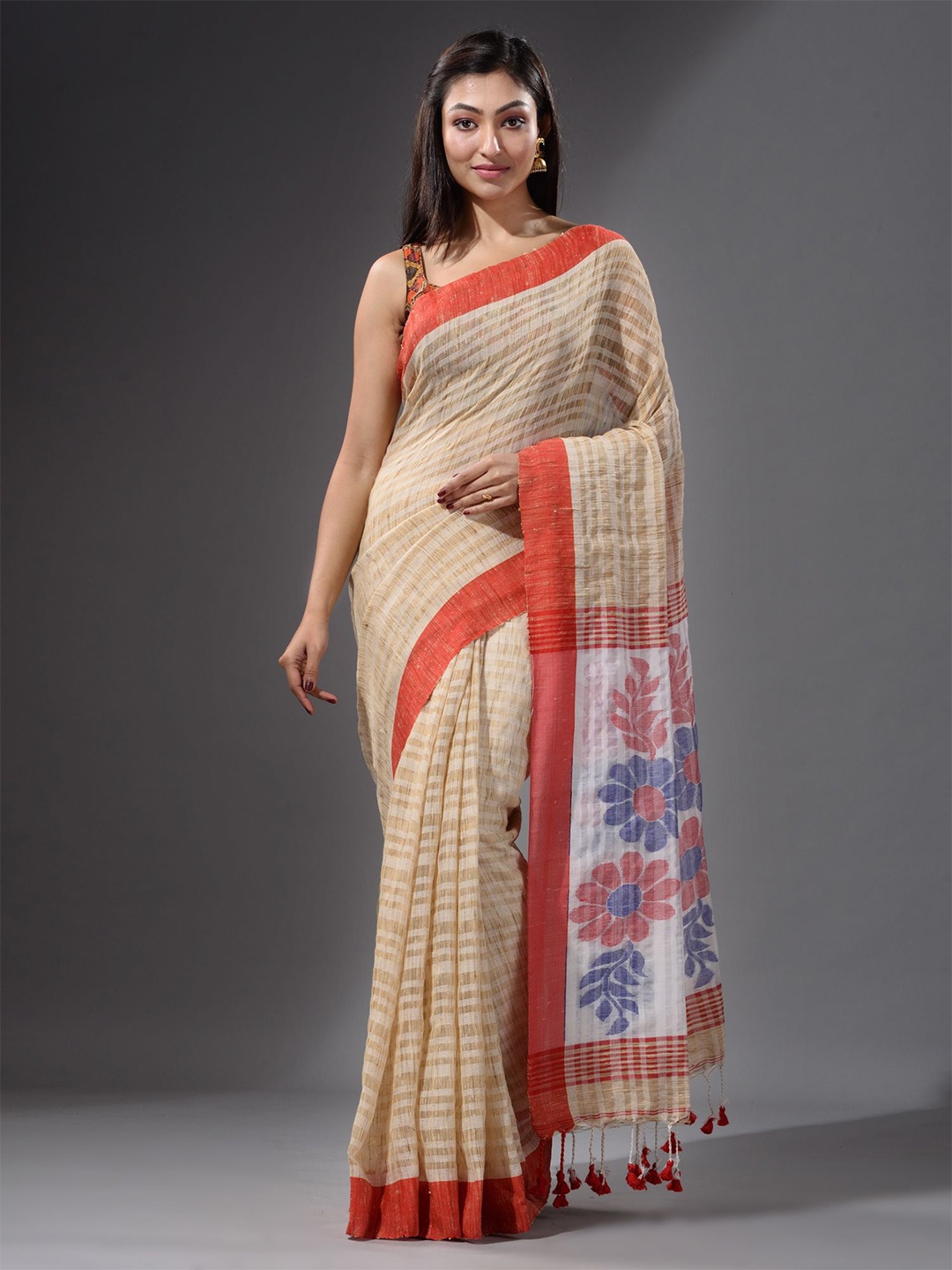 

Charukriti Beige & Red Woven Design Pure Cotton Saree