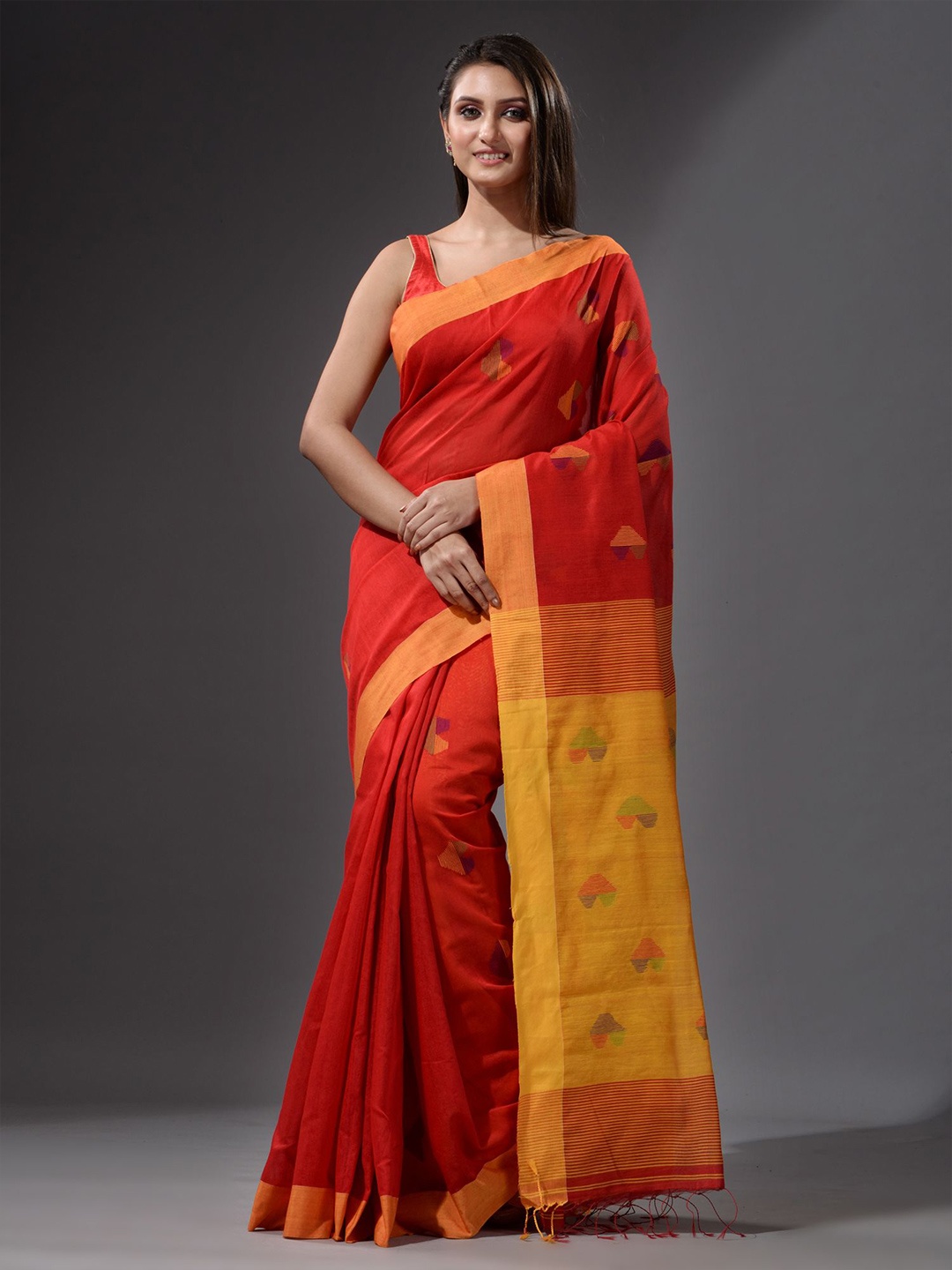 

Charukriti Red & Mustard Woven Design Saree