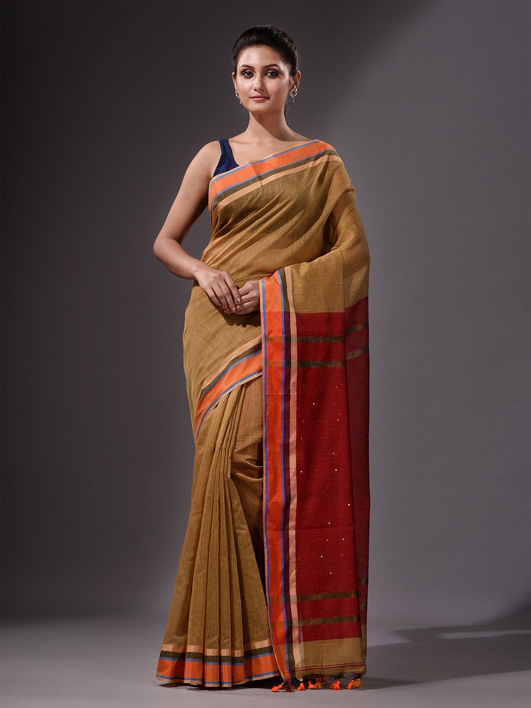 

Charukriti Beige & Orange Sequinned Saree