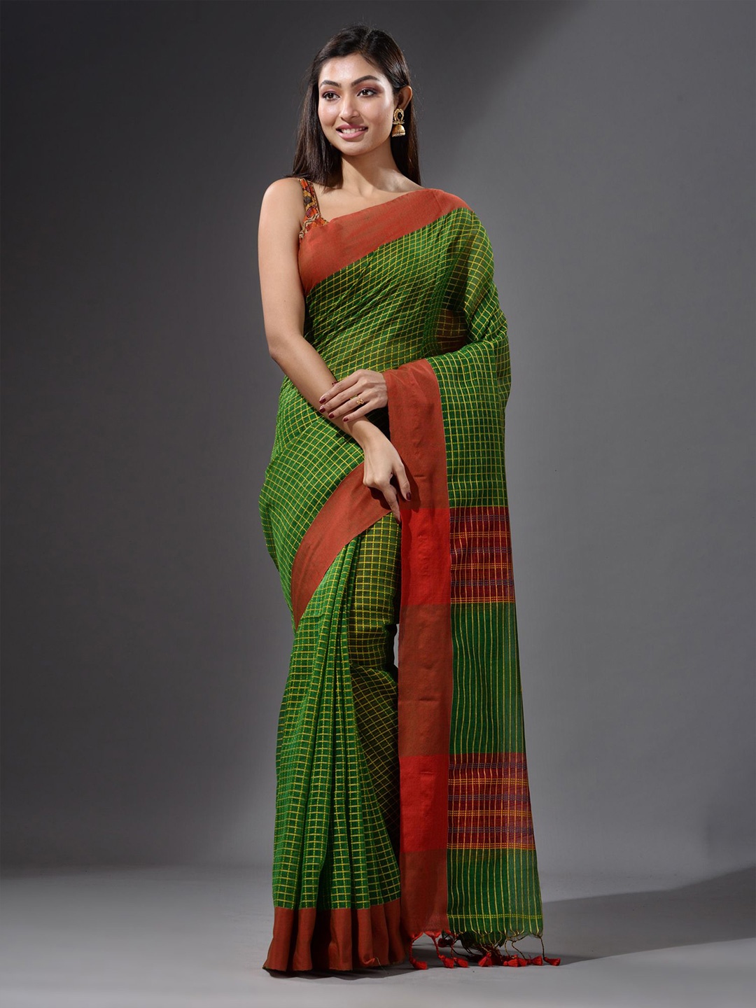 

Charukriti Green & Red Checked Saree