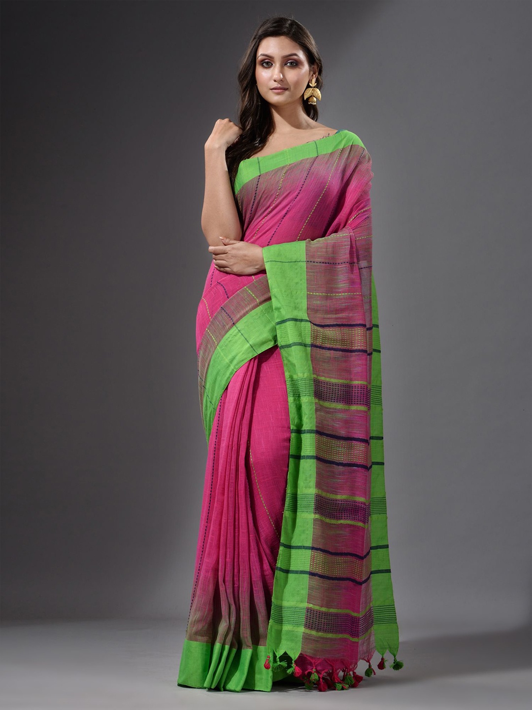 

Charukriti Pink & Green Striped Pure Cotton Saree