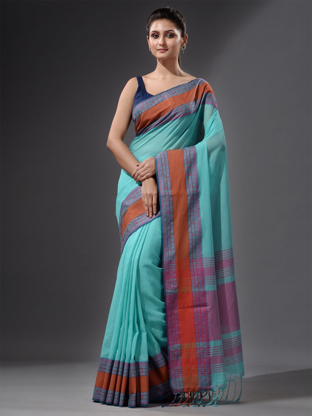 

Charukriti Sea Green & Brown Pure Cotton Saree