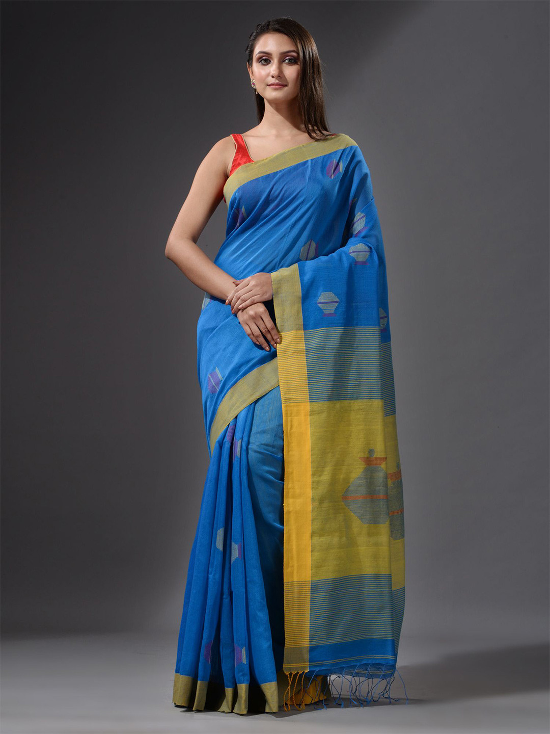 

Charukriti Blue & Yellow Woven Design Saree