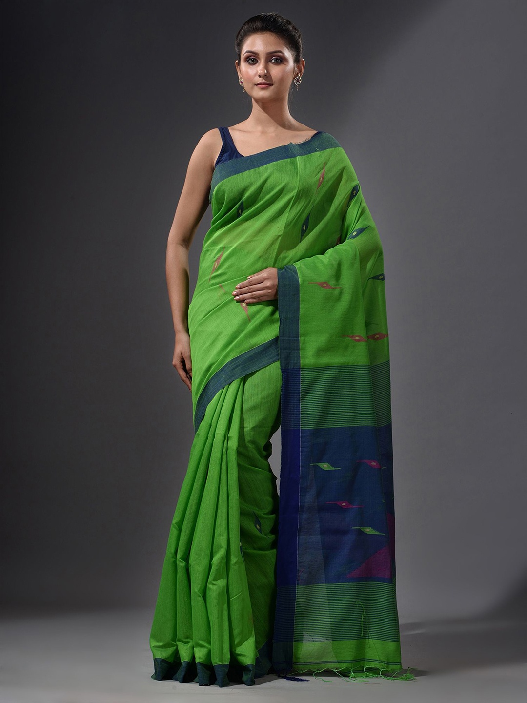 

Charukriti Green & Navy Blue Woven Design Saree