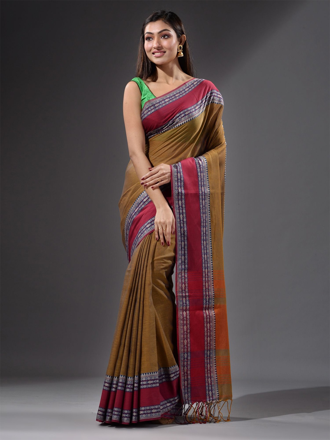 

Charukriti Women Mustard Woven Design Pure Cotton Saree