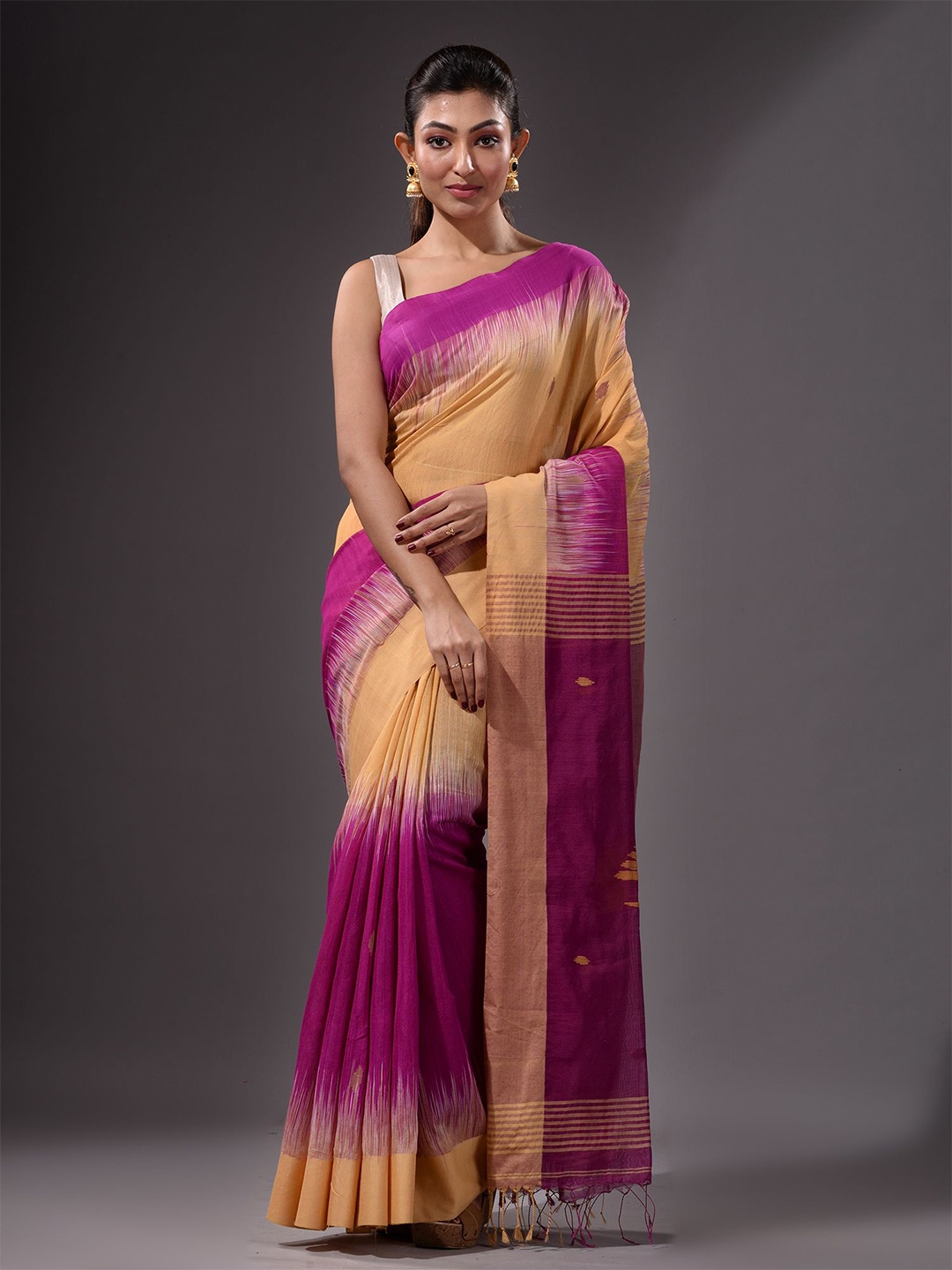 

Charukriti Cream-Coloured & Purple Woven Design Saree