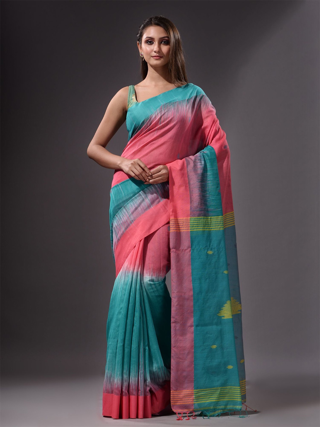 

Charukriti Pink & Blue Woven Design Saree