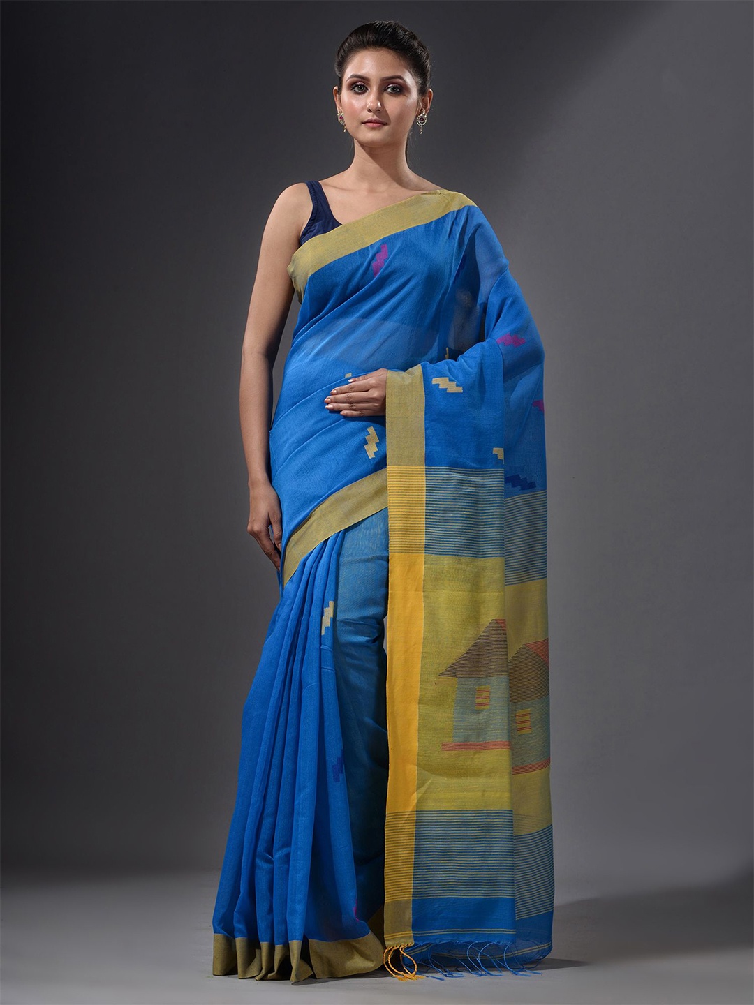 

Charukriti Blue & Yellow Woven Design Saree