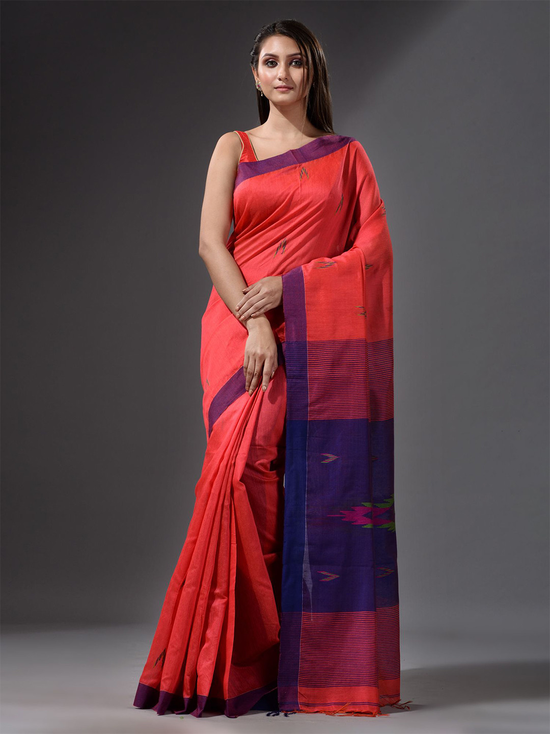

Charukriti Red & Blue Woven Design Saree