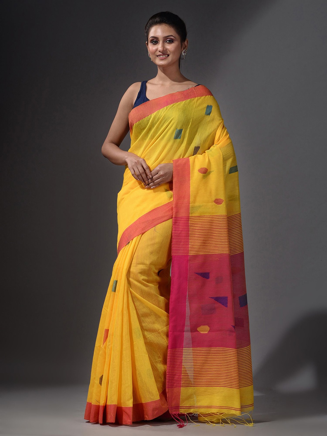 

Charukriti Yellow & Pink Woven Design Saree