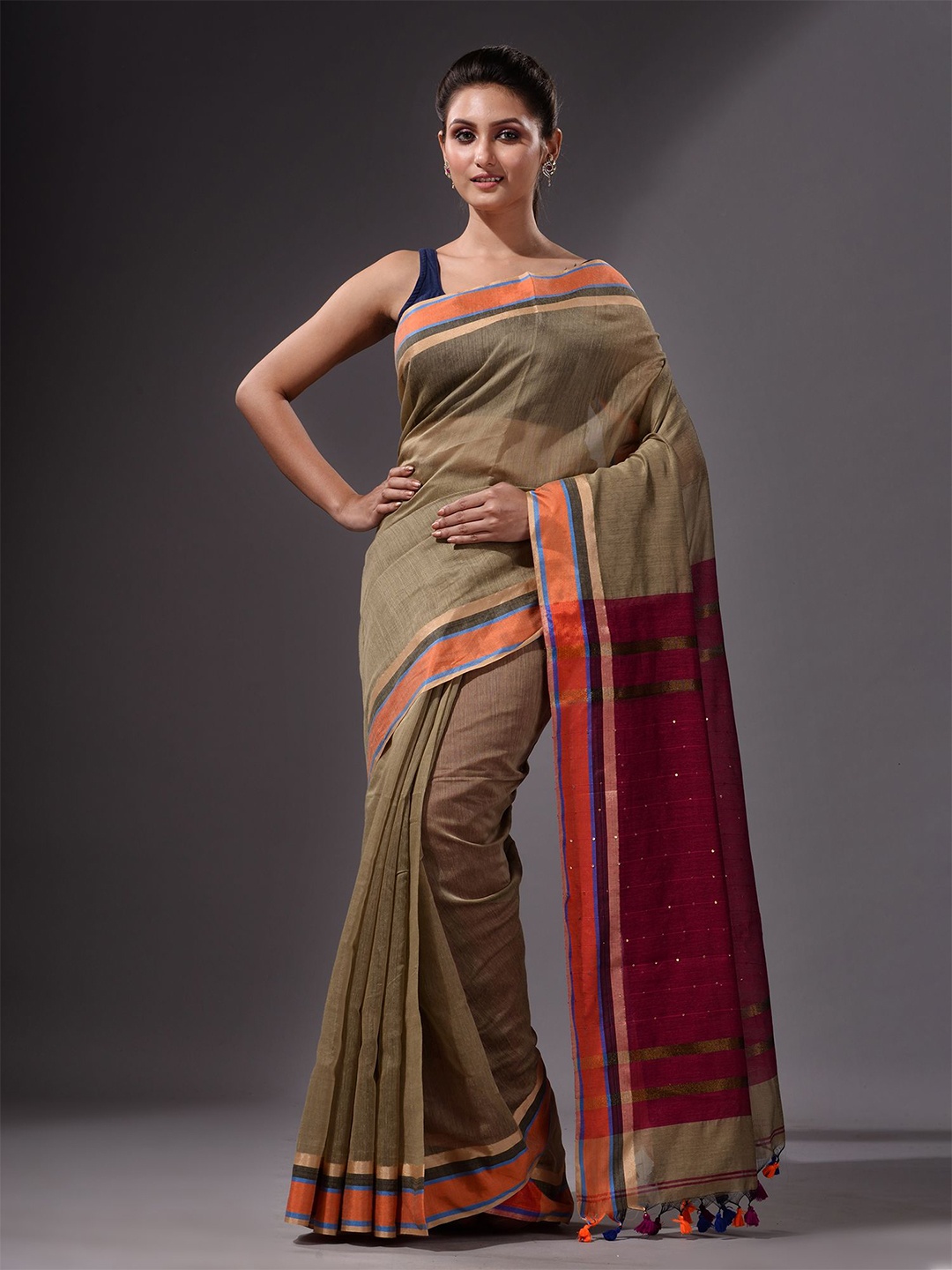 

Charukriti Beige & Burgundy Woven Design Zari Saree