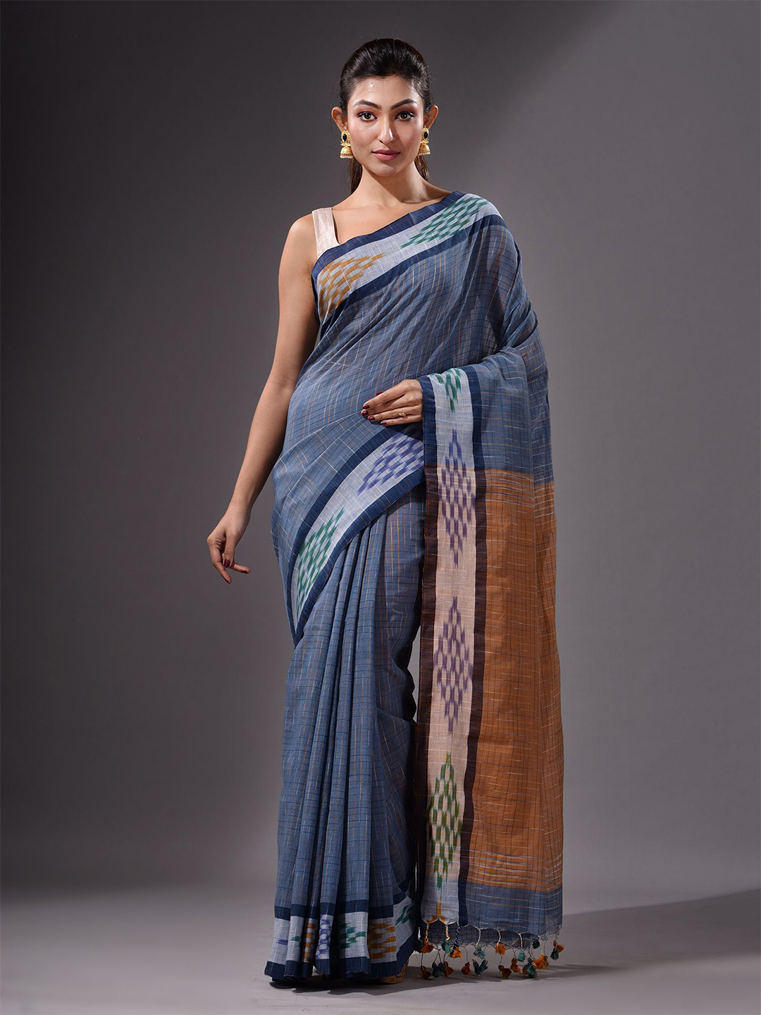 

Charukriti Blue & Brown Checked Saree