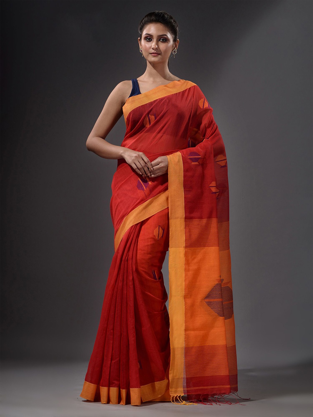 

Charukriti Red & Yellow Woven Design Saree