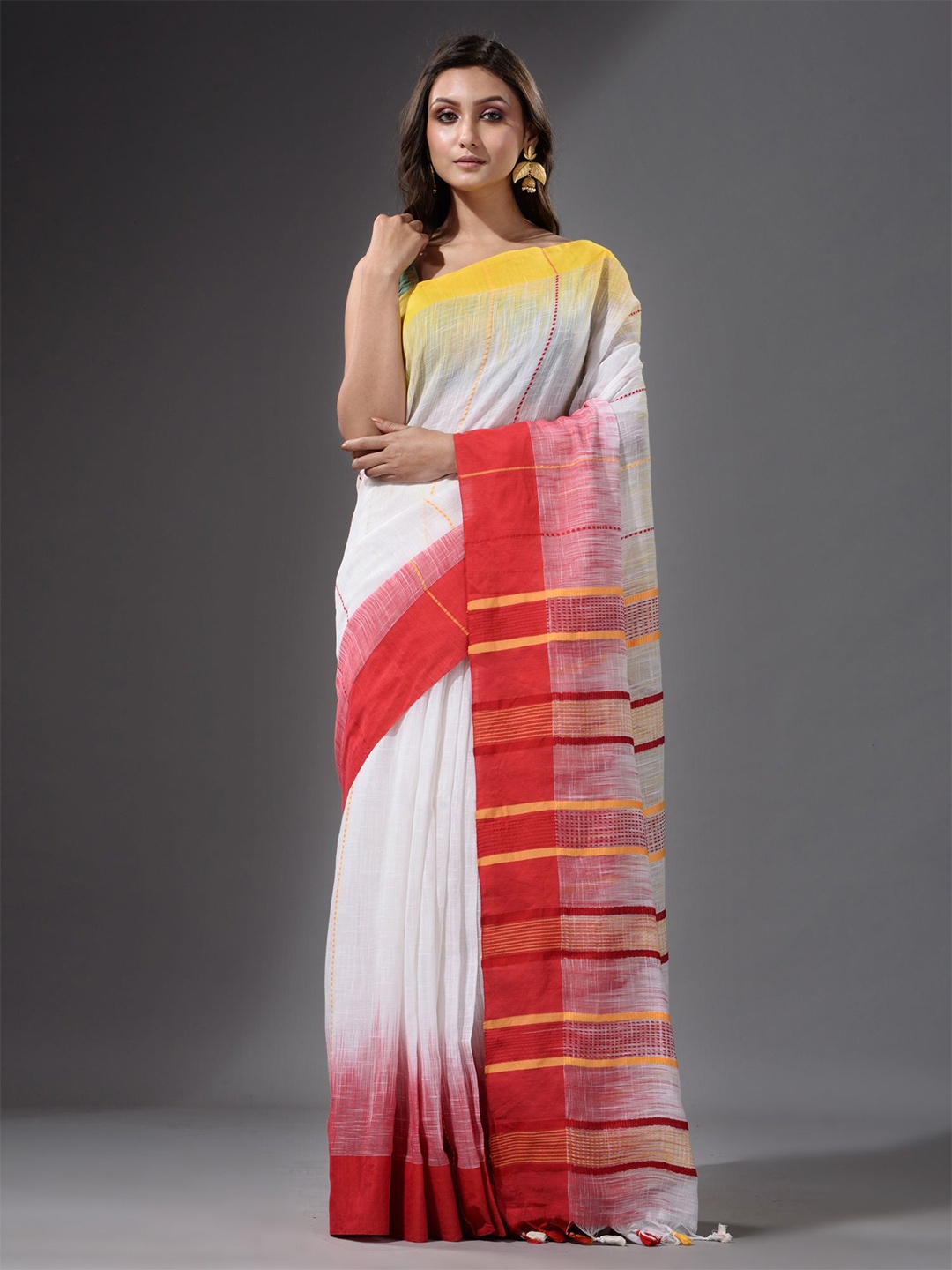 

Charukriti White & Pink Striped Pure Cotton Saree