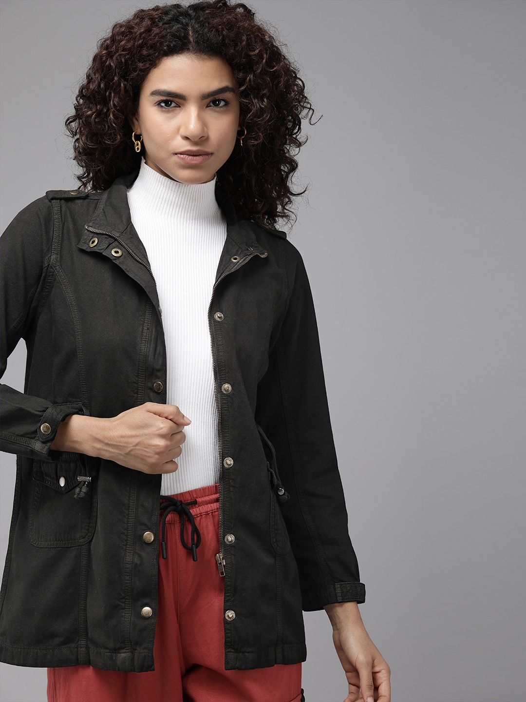 

The Roadster Lifestyle Co. Women Mock Collar Longline Denim Jacket, Black
