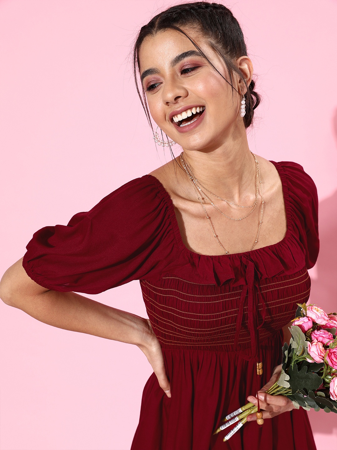 

QUIERO Women Charming Maroon Solid Bustier Dress