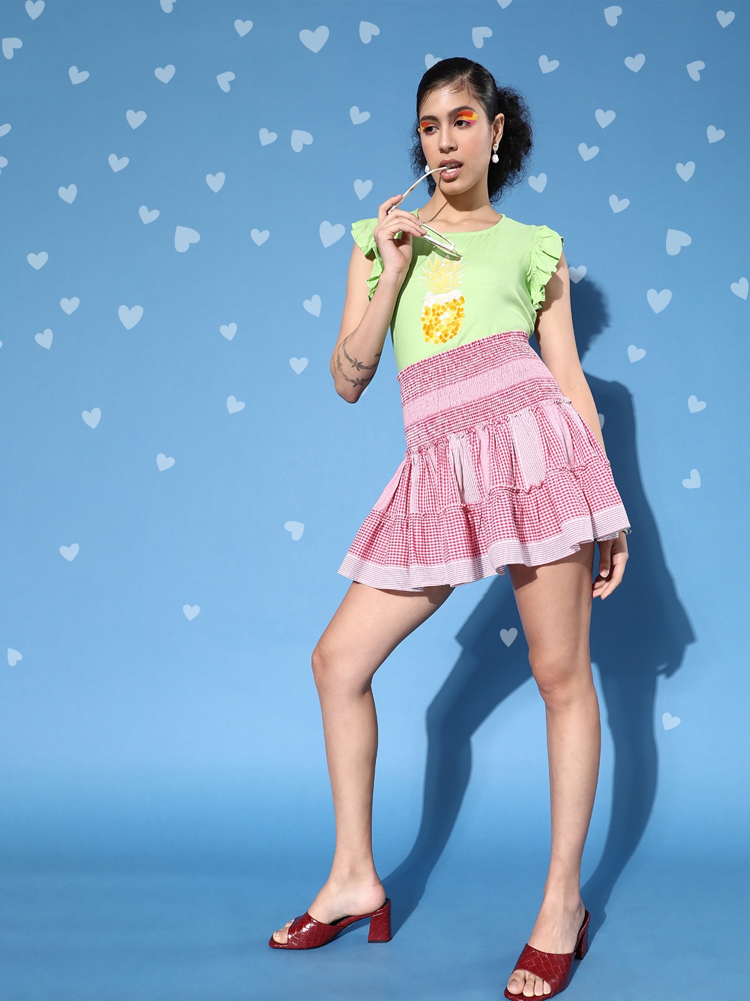 

QUIERO Women Pretty Pink Checked Feminine Frills Skirt