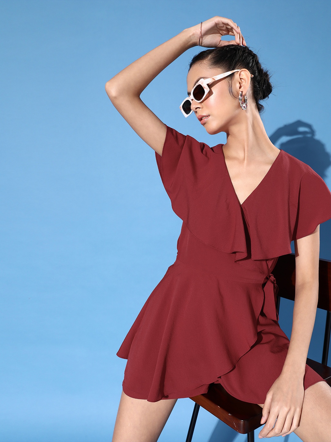 

QUIERO Women Charming Maroon Solid Playsuit