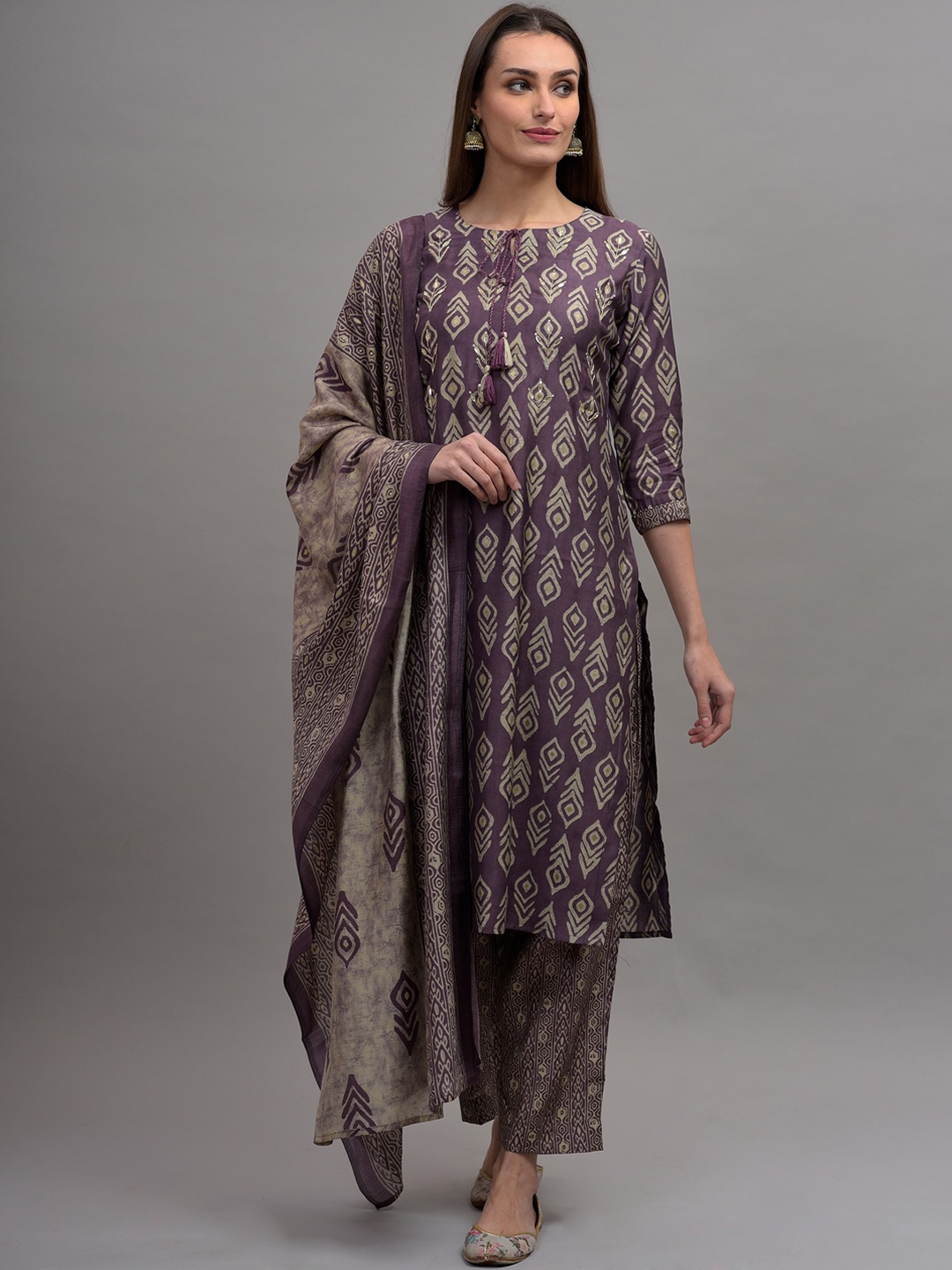 

KALINI Women Brown Ethnic Motifs Printed Pure Cotton Kurta with Trousers & With Dupatta