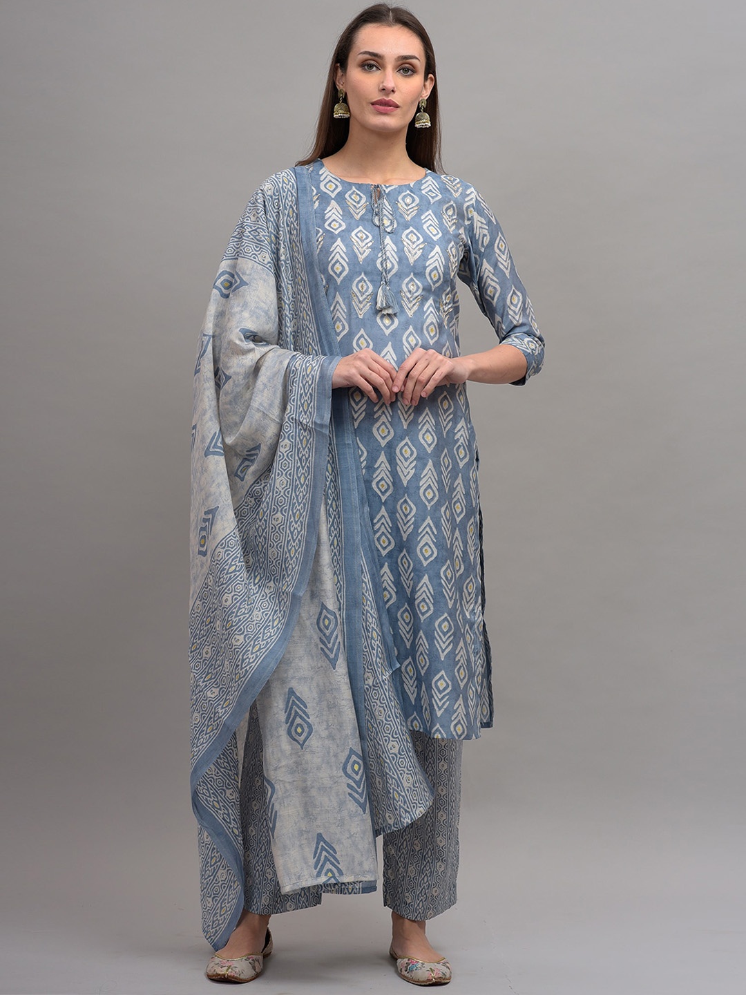 

KALINI Women Blue Floral Printed Pure Cotton Kurta & Trousers With Dupatta