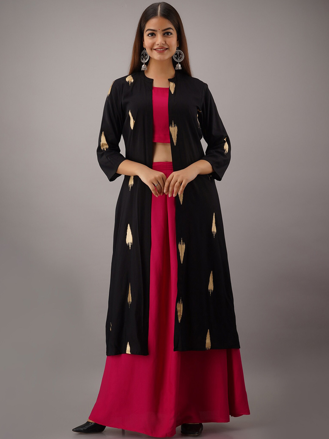 

KALINI Women Pink Ethnic Motifs Top with skirts & With Jacket
