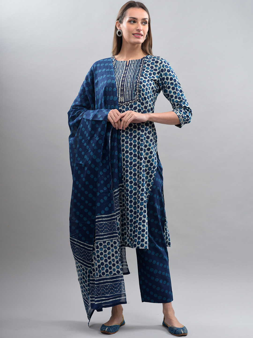 

KALINI Women Blue Printed Pure Cotton Kurta with Palazzos & With Dupatta