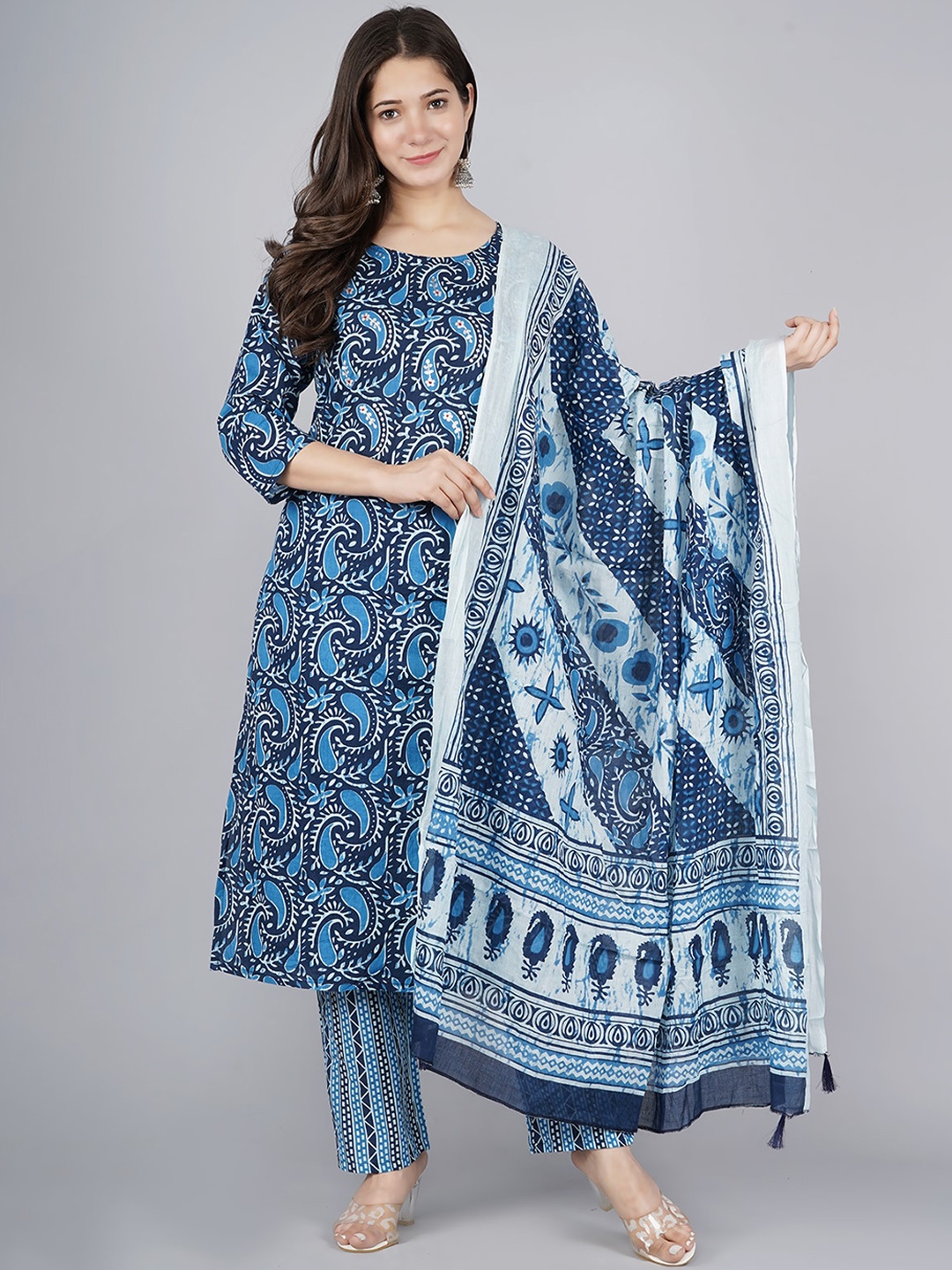 

KALINI Women Blue Ethnic Motifs Printed Pure Cotton Kurta with Trousers & With Dupatta