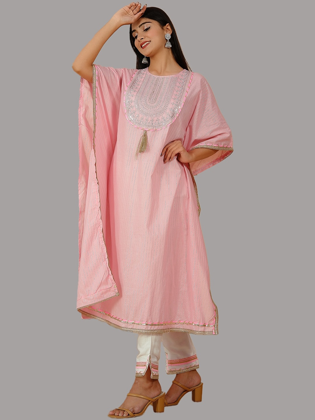 

KALINI Women Pink Floral Yoke Design Mirror Work Organic Cotton Kaftan Kurta with Trousers