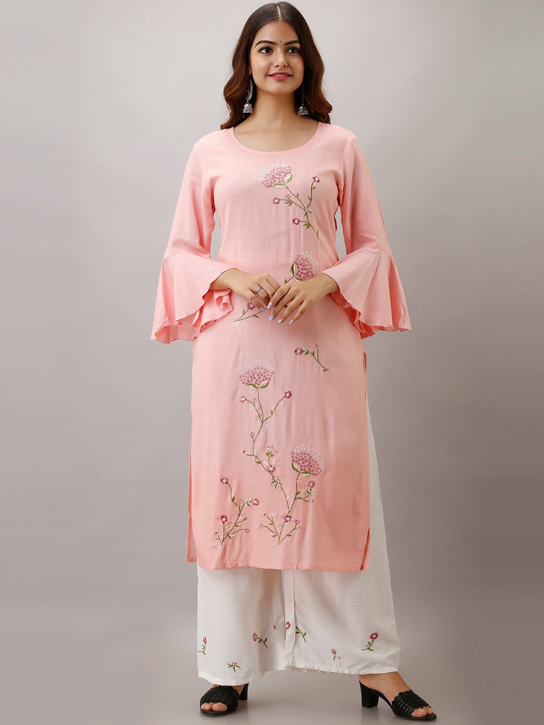 

KALINI Women Peach-Coloured Floral Embroidered Kurta with Palazzos