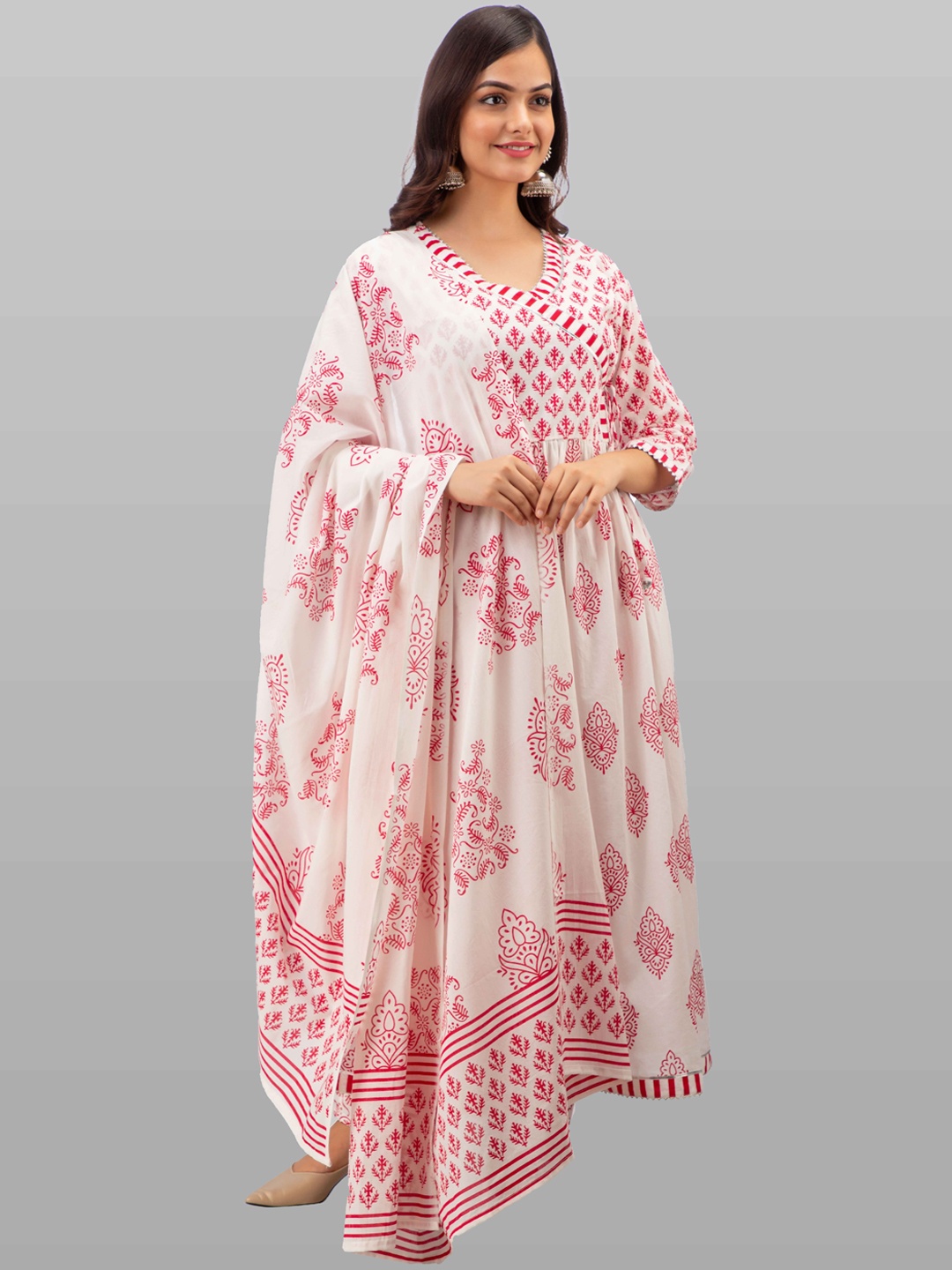 

KALINI White Floral Printed Angrakha Gotta Patti Pure Cotton Kurta with Trousers & Dupatta
