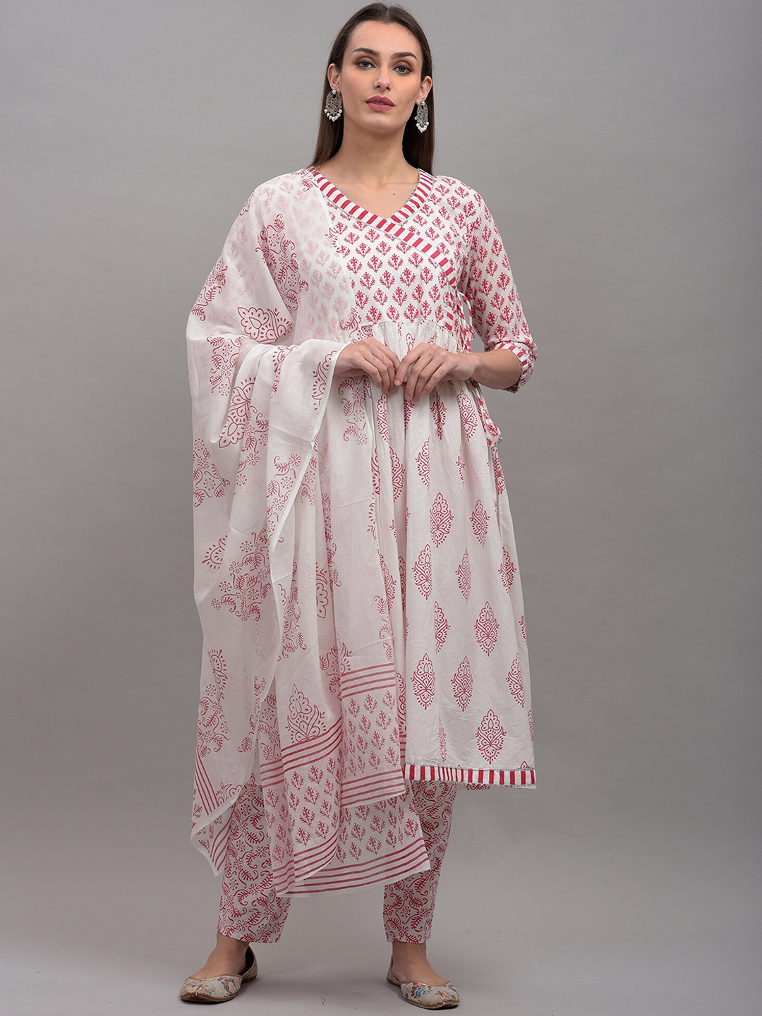 

KALINI Women White & Pink Printed Angrakha Pure Cotton Kurta & Trousers With Dupatta