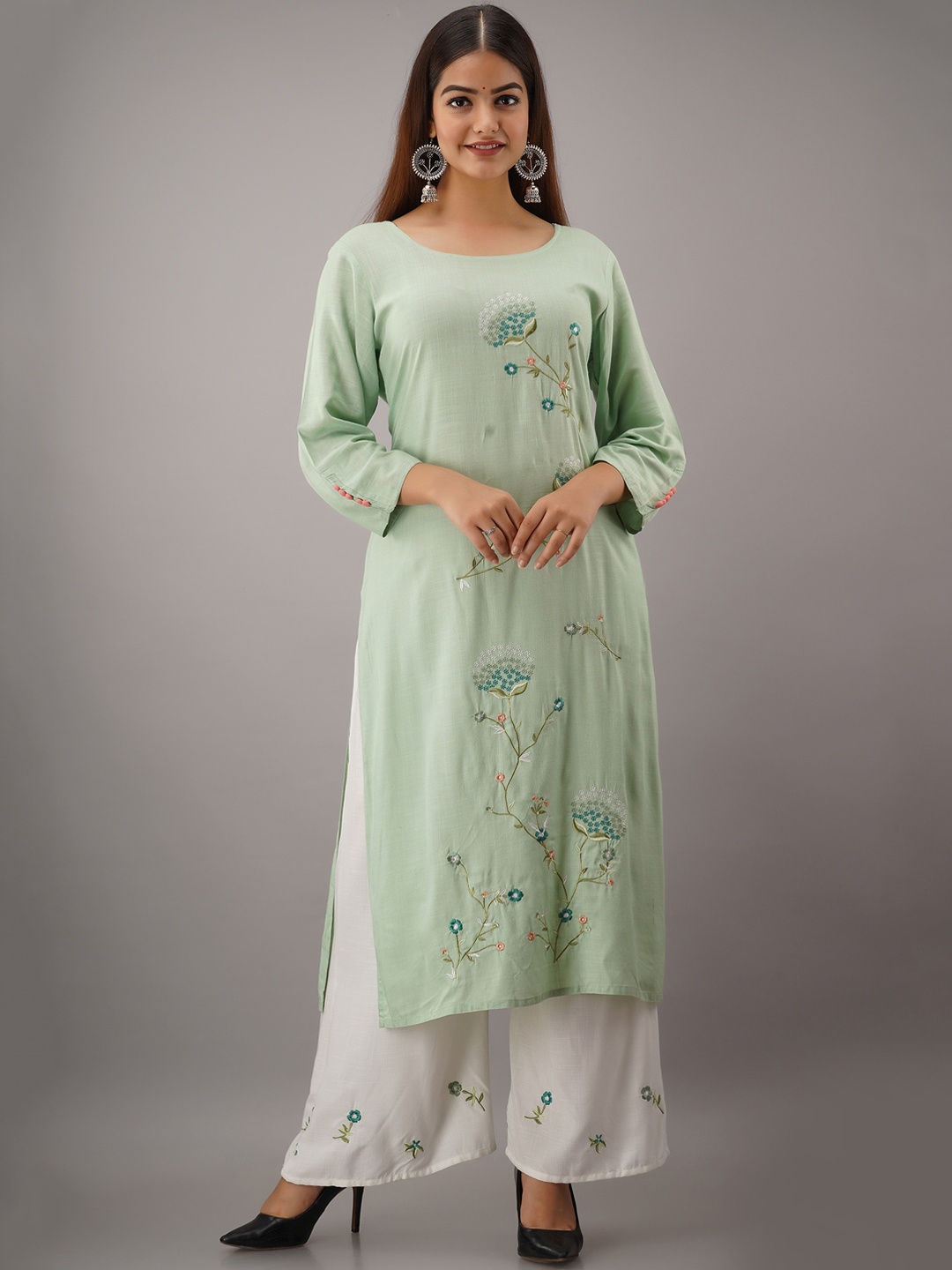 

KALINI Women Sea Green Floral Embroidered Kurta with Palazzos