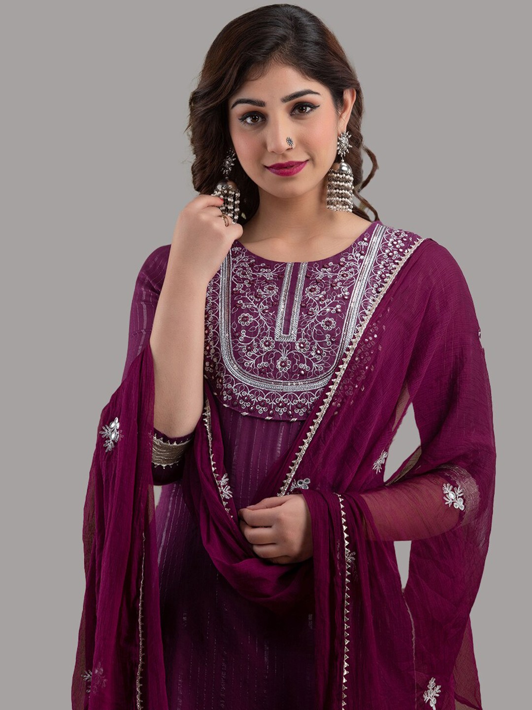 

KALINI Women Magenta Ethnic Motifs Embroidered Pure Cotton Kurta with Palazzo & Dupatta