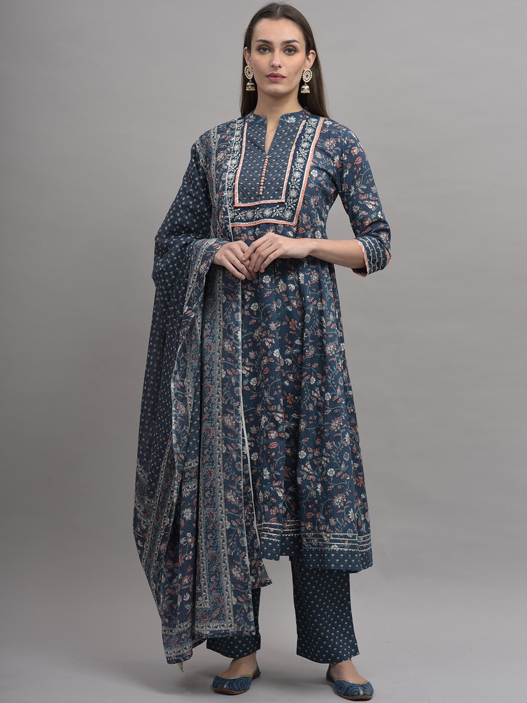 

KALINI Women Blue Ethnic Motifs Printed Pure Cotton Kurta with Trousers & Dupatta