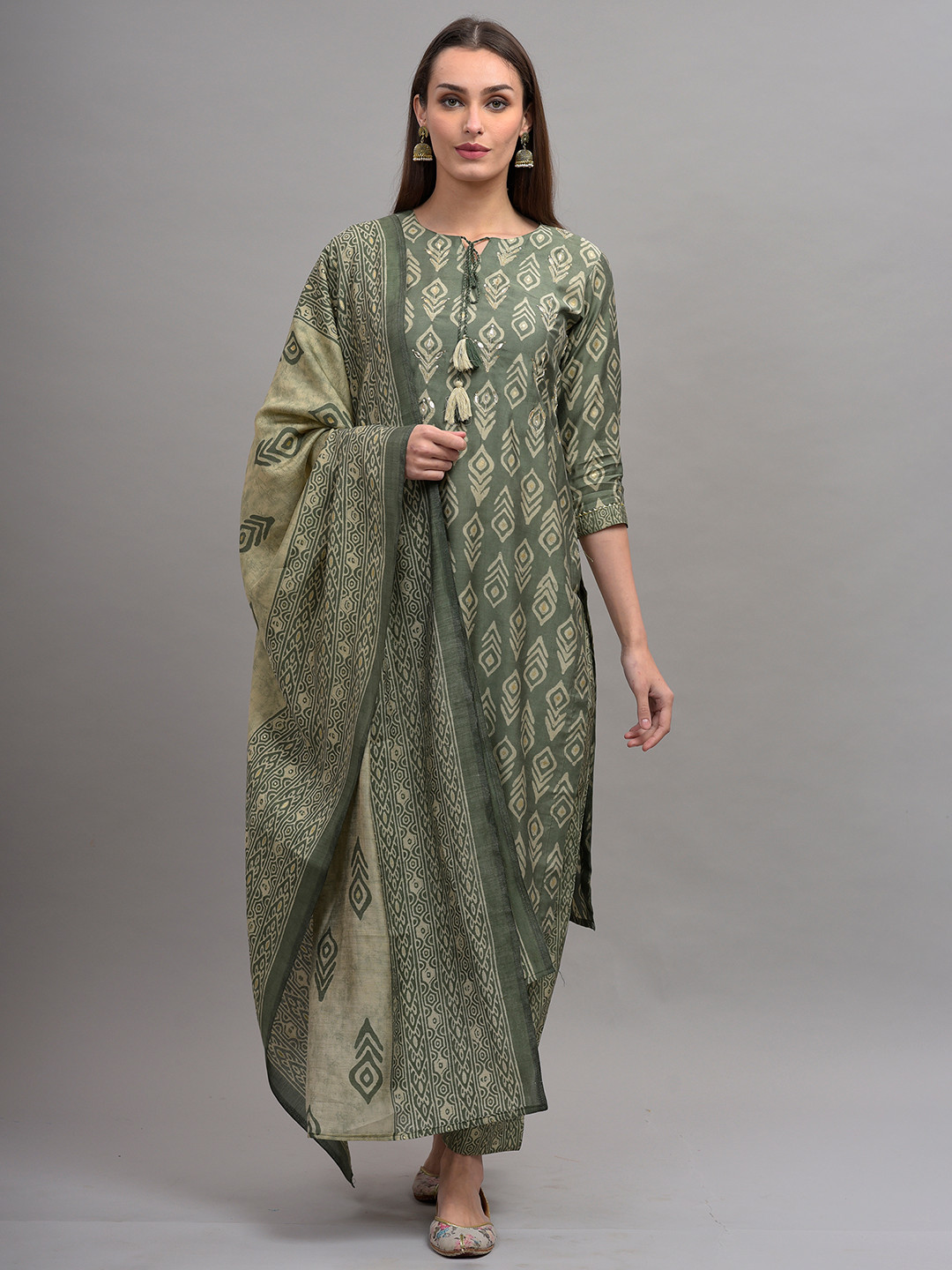 

KALINI Women Green Ethnic Motifs Printed Pure Cotton Kurta with Trousers & With Dupatta