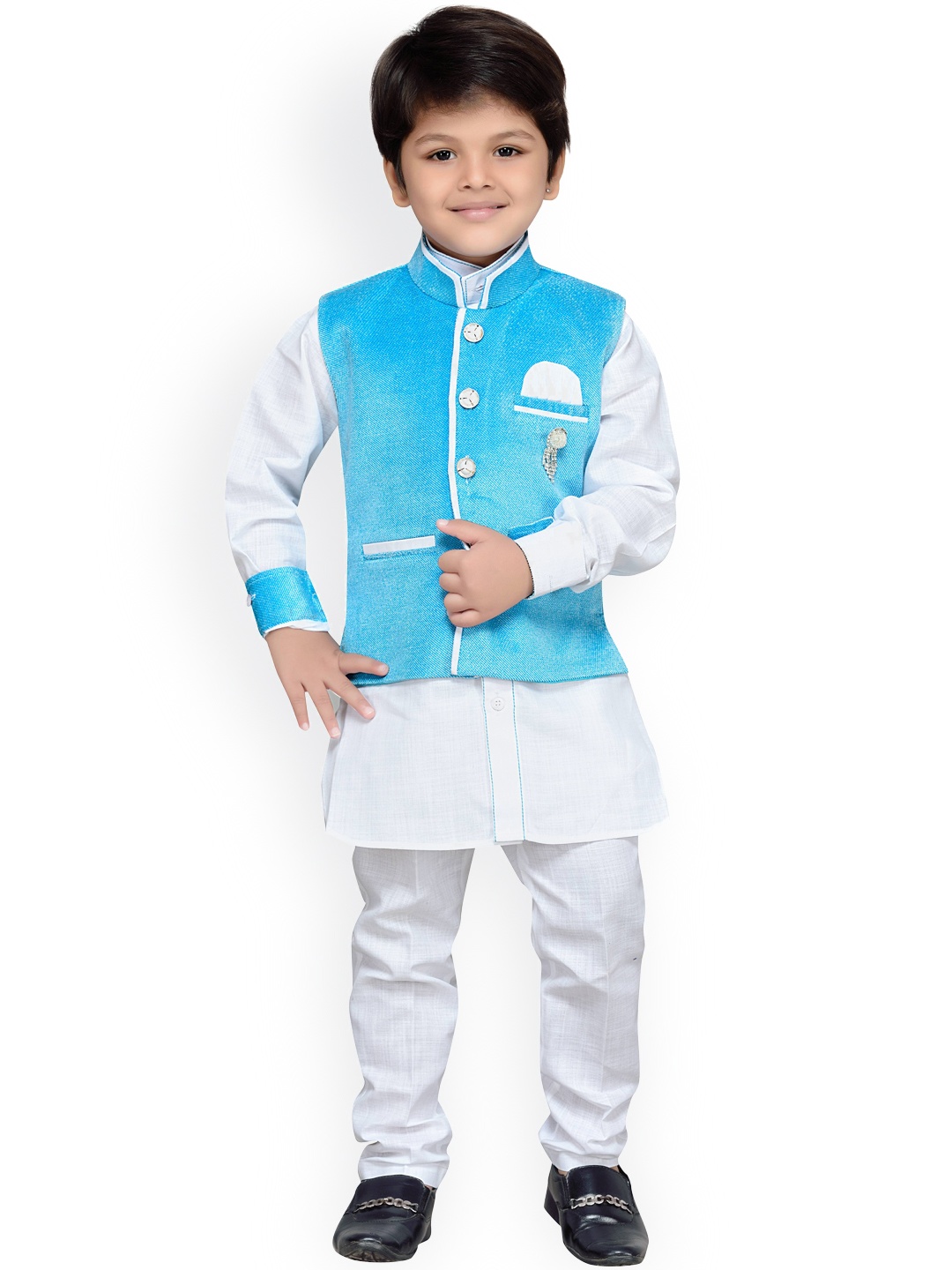 

Aj DEZInES Boys Turquoise Blue & White Solid Kurta with Churidar & Waistcoat