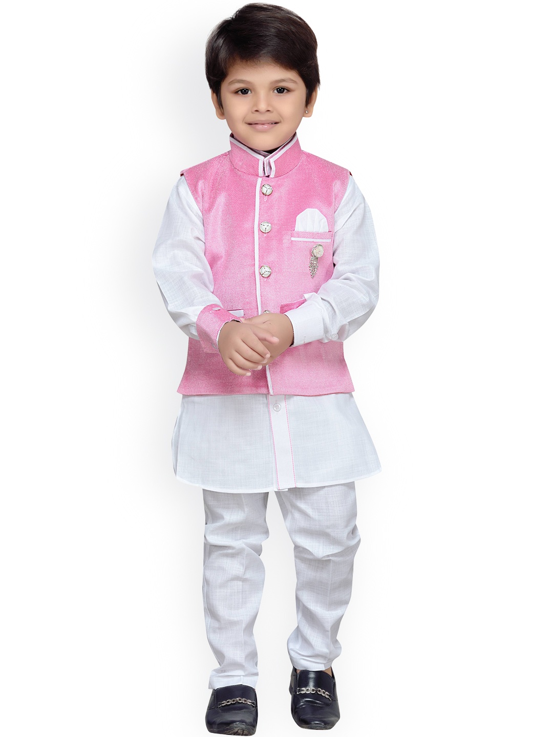 

Aj DEZInES Boys Pink & White Solid Kurta with Churidar & Waistcoat