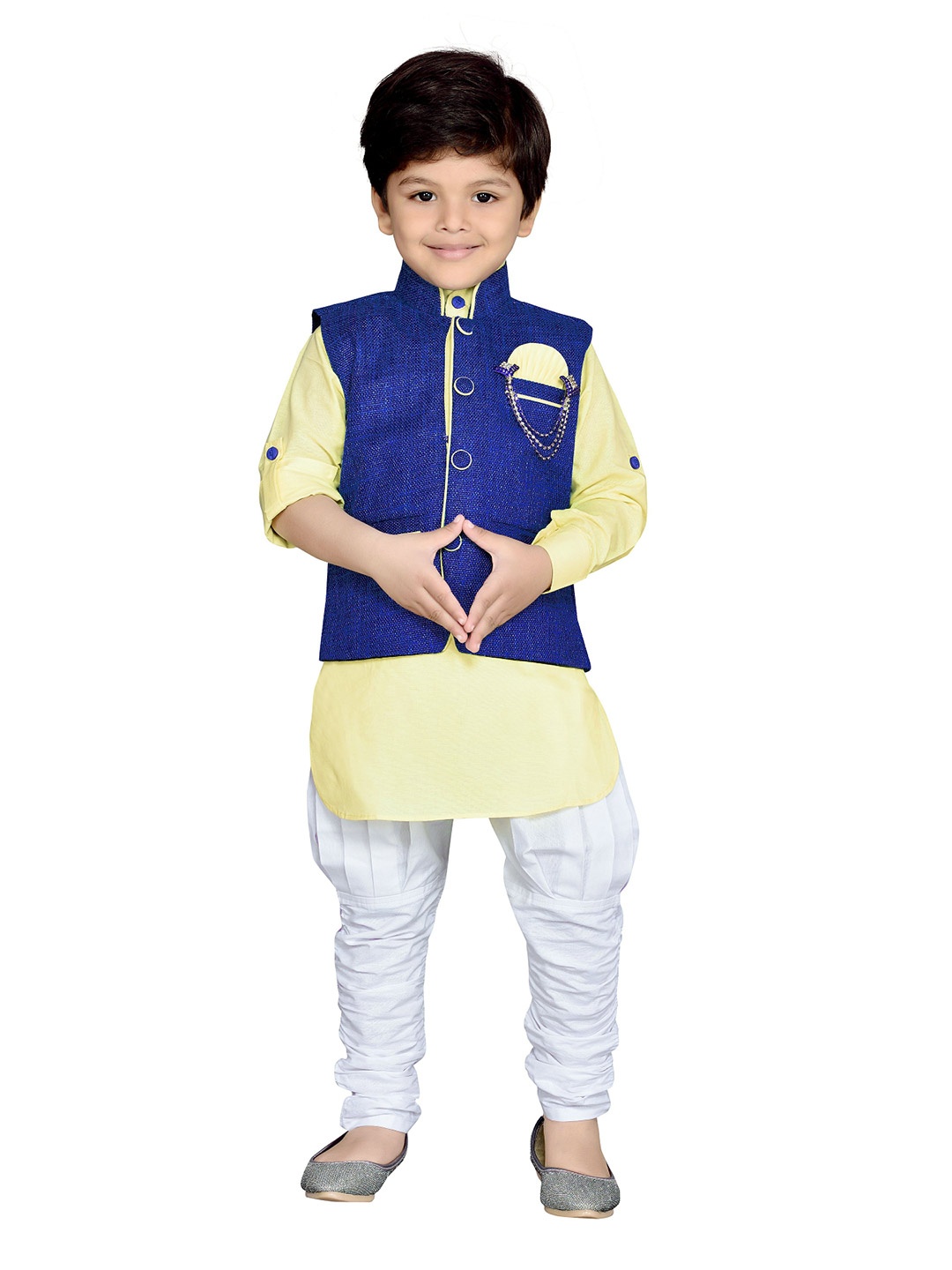 

Aj DEZInES Boys Blue & Yellow Solid Kurta with Jodhpuri Pants & Waistcoat