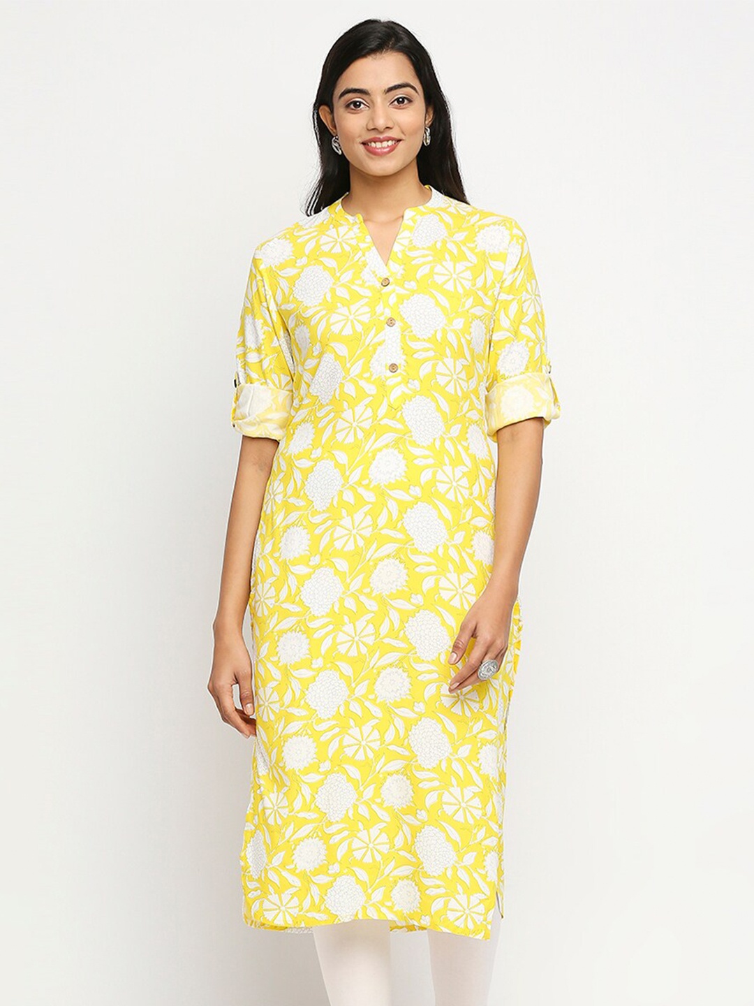 

Ethnicity Women Yellow Floral Printed V-Neck Kurti