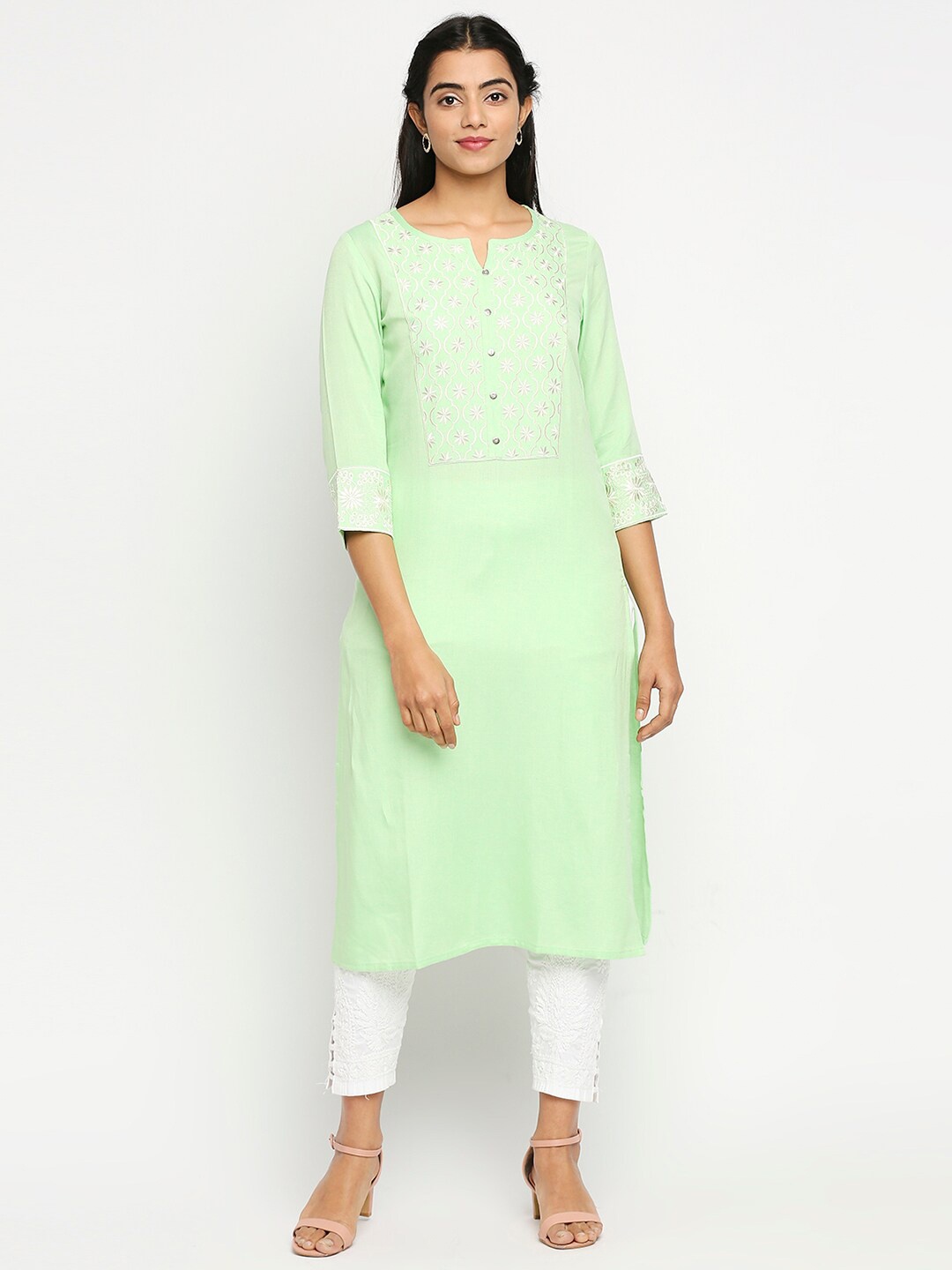 

Ethnicity Women Green Ethnic Motifs Embroidered Kurti